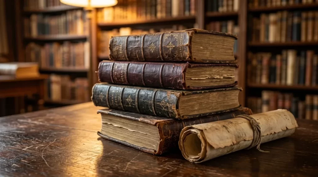 Biblias antiguas y modernas apiladas en una biblioteca